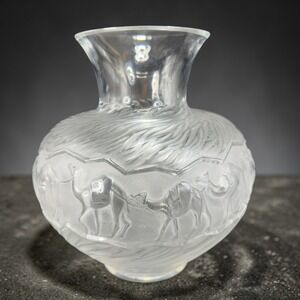 Lalique France Crystal Ghardaia Camel Caravan Desert Vase Frosted Glass Signed